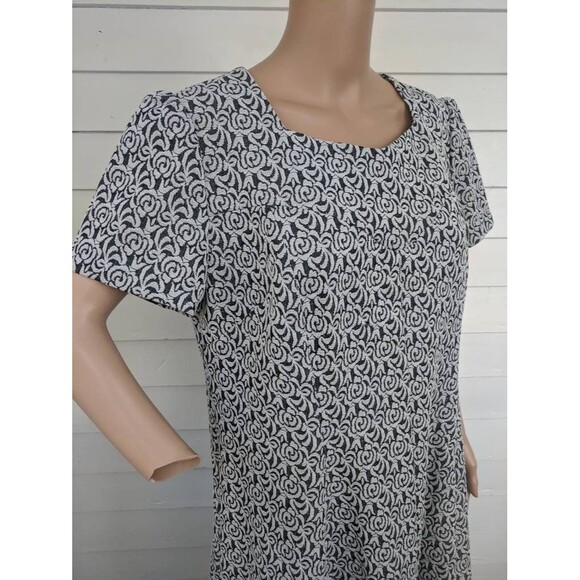 60s Mod Black Silver Metallic Print Dress Polyester Vintage L XL 40 Bust - Picture 8 of 10